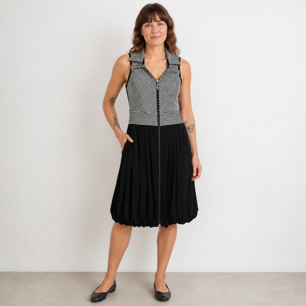 Dzhavael Couture Dress Small Black White Striped Zip Front Bubble Hem France‎